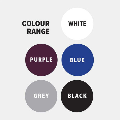 Debon factory colour range: White, Grey, Black, Blue and Purple
