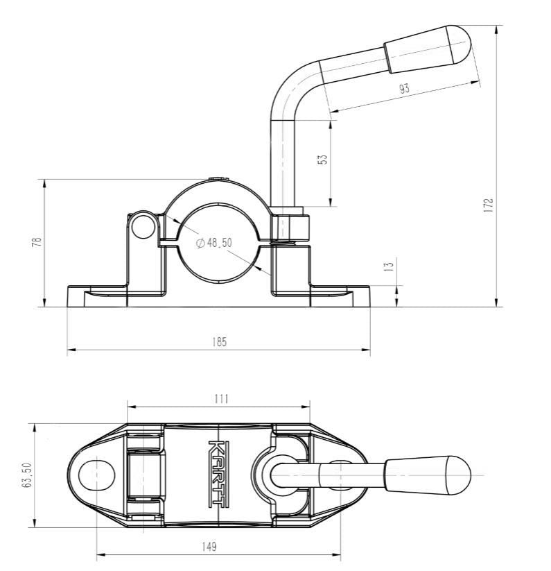 48mm KARTT Cast Iron Swing Clamp for Smooth or Ribbed Jockey Wheel, 150mm wide hole centres