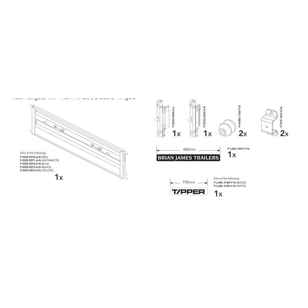 Brian James Rear Tailgate Kit - Tipper 526, 1.6m Width, Double Hinged manufacturer technical illustration; select colour separately