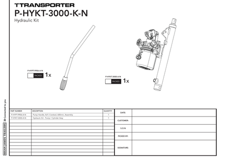 Brian James P-HYKT-3000-K-N manual hydraulic tilt bed kit — pump, cylinder and handle manufacturer drawing